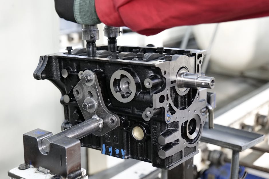Close-up of engine assembly process highlighting industrial precision